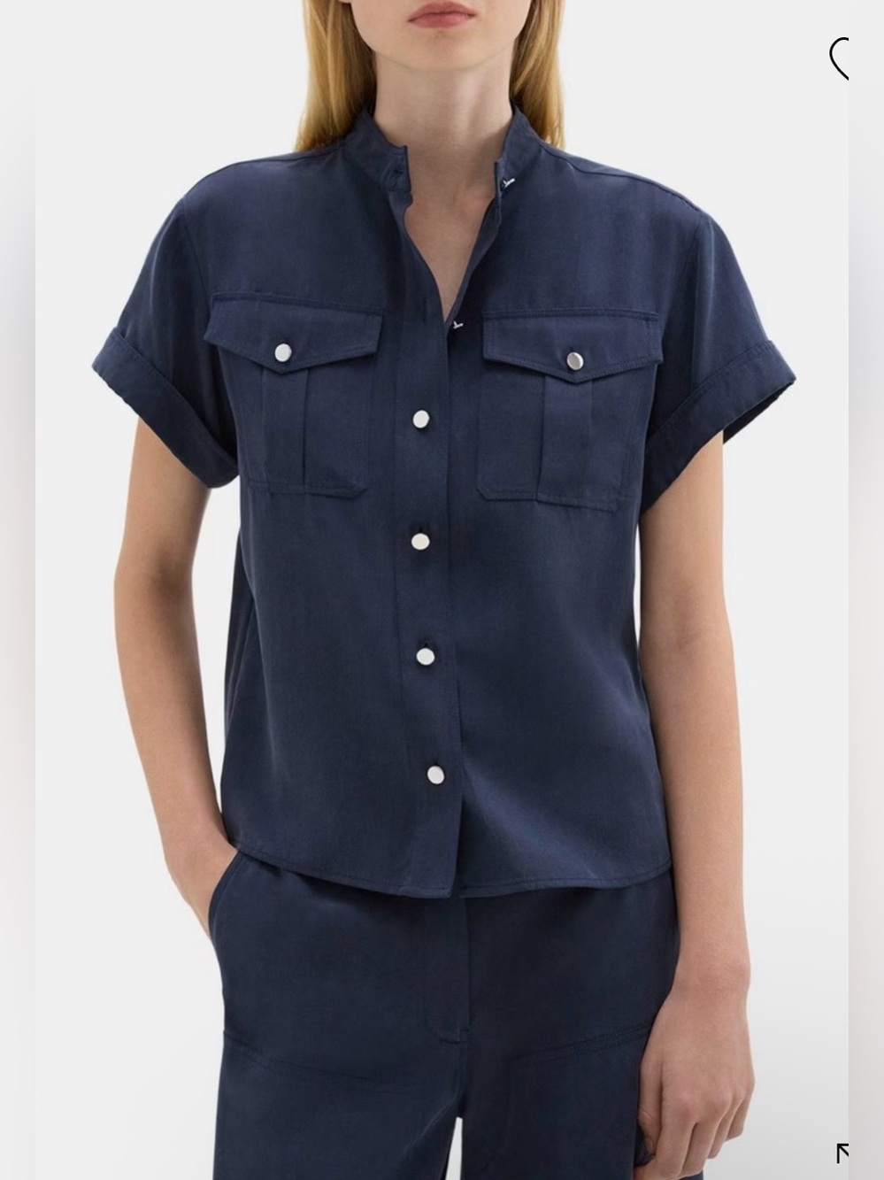 Theory Short Navy Blue Sleeve Military in Fluid Twill Button Down Shirt